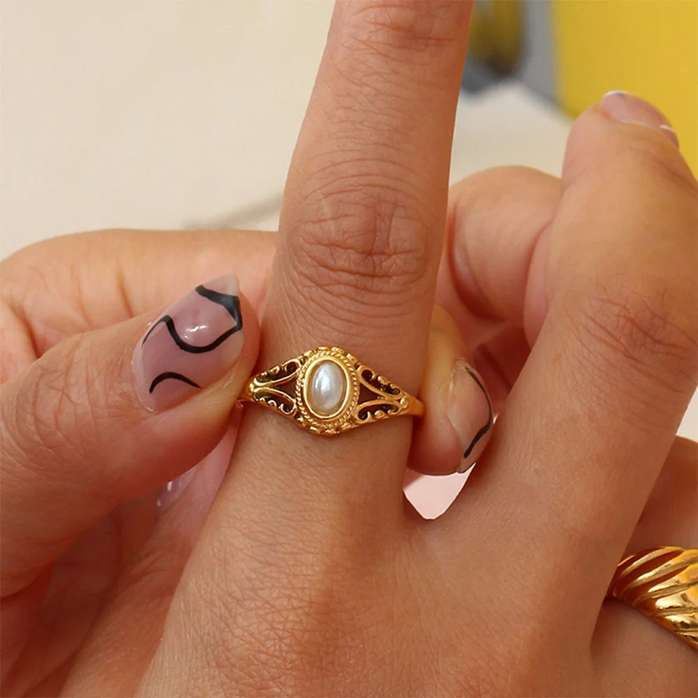MamacitaPlay Vintage 18K Gold Plated Pearl Waterproof Rings Female