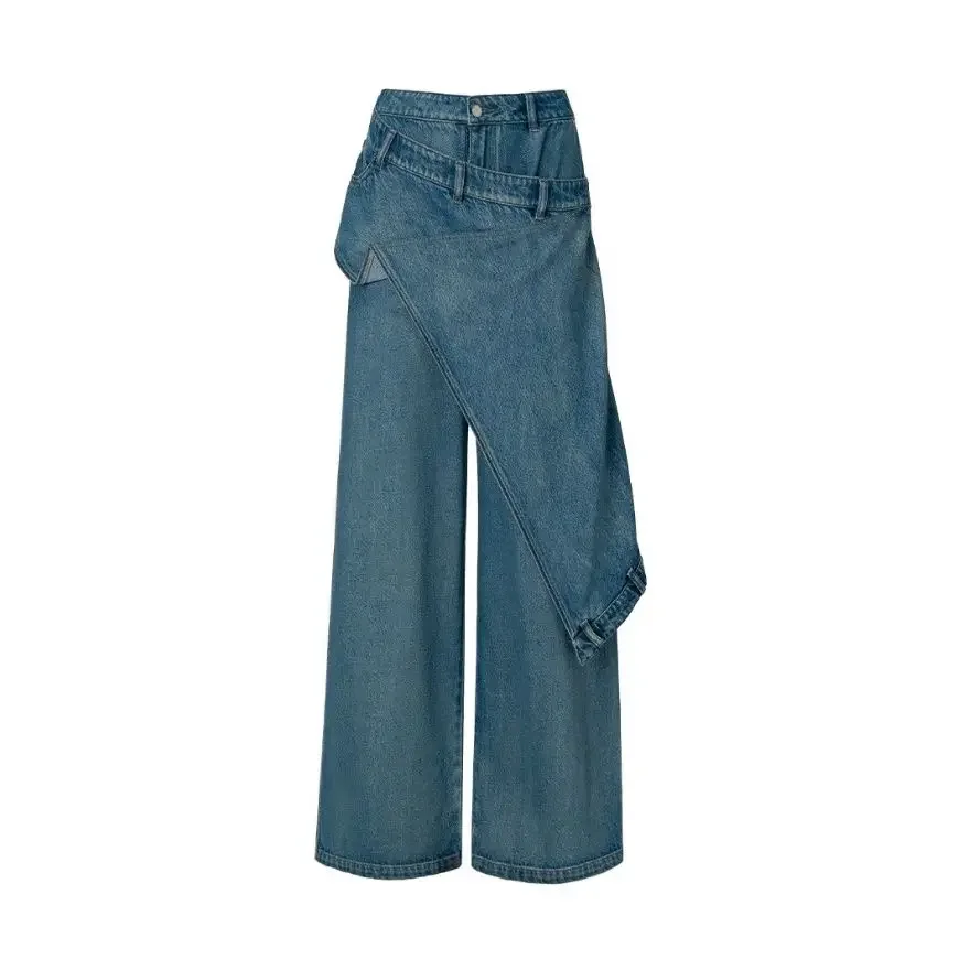 

Lap piece draped denim trousers female 2024 spring designer high and thin original retro washed wide-leg trousers skirt
