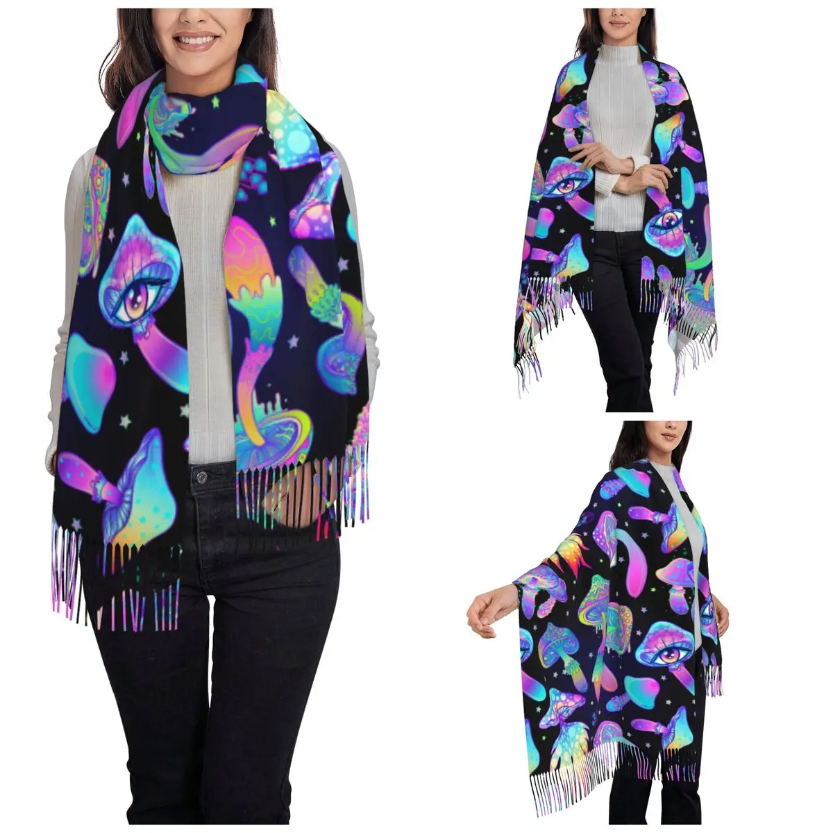 Trippy Mushroom Psychedelic Shawls Wraps for Womens Winter Warm Long Soft Scarf Shrooms Pashmina Tassel Scarves 2