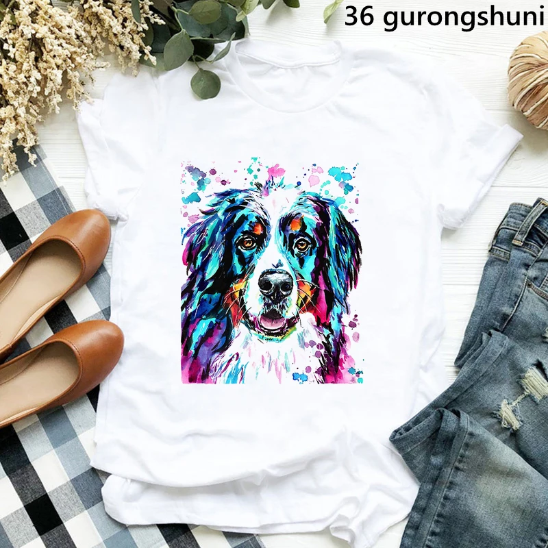 Frieden Liebe Border Collie/Cockerspaniel/Shih Tzu/Bernese/Pyrenäen Druck T-shirt Frauen Lustige Regenbogen Leopard T shirt Mädchen T-Shirt – Detail 12