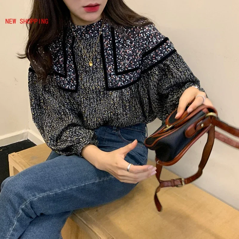 

Elegante Lantern Long Sleeve Vintage Floral Blouse Women Spring 2021 Korean Fashion Tops Mujer Blusa Negra Camisa Femenina Tunik
