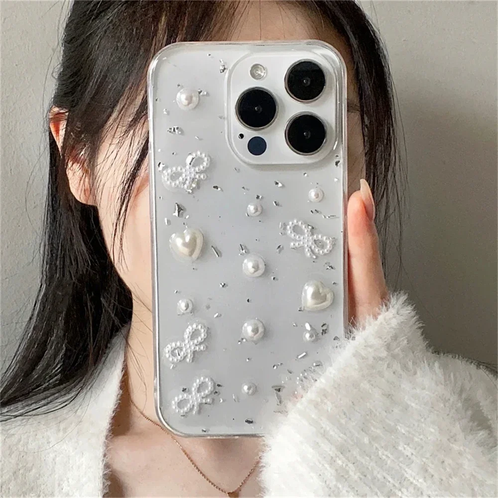 Elegant 3D Pearl Bowknot Silver Foil Clear Soft Phone Case