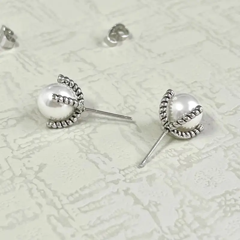 925 Sterling DY Gold Hook Twisted Wire Buckle Pearl Earrings Silver with 14K Yellow Plated