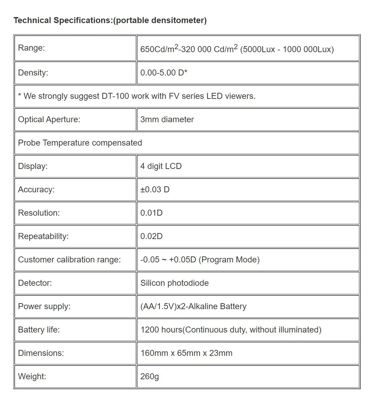 DT-100 Portable Digital Densitometer 650Cd/m2-320 000 Cd/m2 (5000Lux - 1000 000L