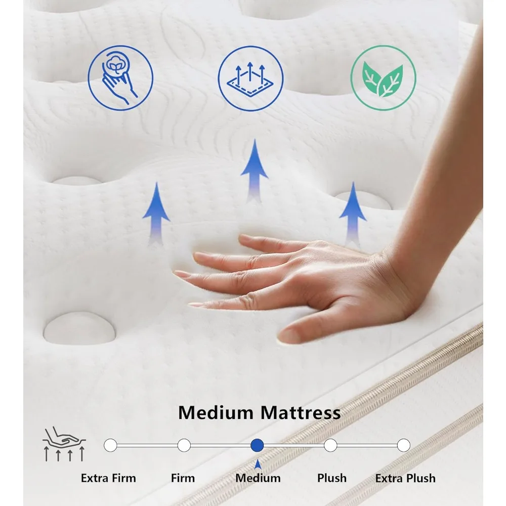 Inch Memory Foam Hybrid White Queen Mattresses in a Box,Individual Pocket Spring Breathable Comfortable for Sleep Su