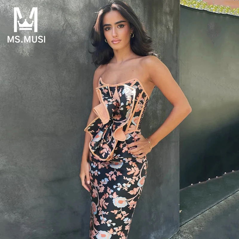 

MSMUSI 2022 New Fashion Women Sexy Strapless Embroidery Floral Printing Sleeveless Lace Draped Party Backless Bodycon Midi Dress
