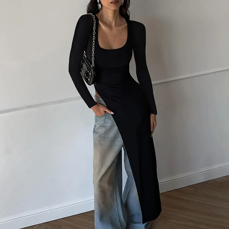 New Fashion Spring and Summer Long-sleeved U-neck Women's Top Long Split-ended Dress Solid Color Slim-fitting Sexy Blouse