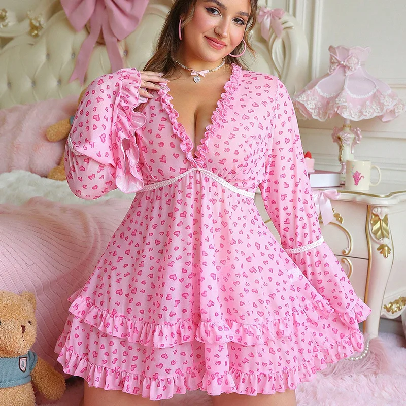 Large Size Sexy Lingerie Dress Set Pink Heart Print Mesh Gown Lace Nightgown Role Play Costume Breathable Comfortable Underwear