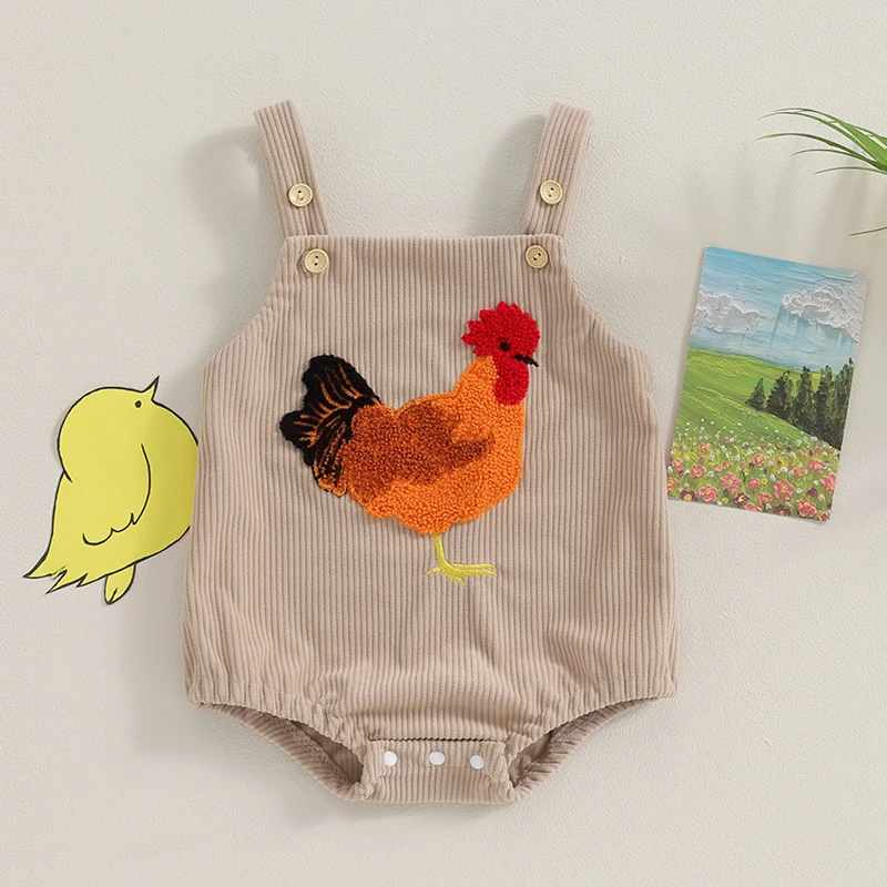 

Baby Romper Sleeveless Embroidery Rooster Corduroy Bodysuit Overalls for Girls Boys