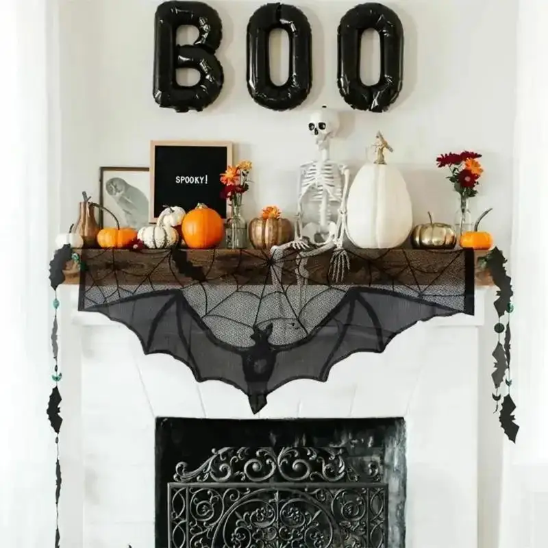 1 Pcs Halloween Lace Curtain Gothic Bat Tablecloth Fireplace Scarf Window Cover For Party Home Decoration Cobweb Halloween