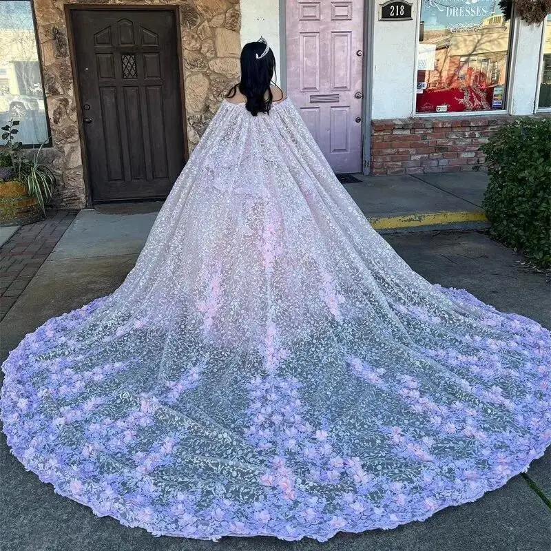 Pink Bling Quinceanera Dresses With Cape Applique 3D Flower Birthday Dress Ball Gown Corset Off the Shoulder quinceanera de 15