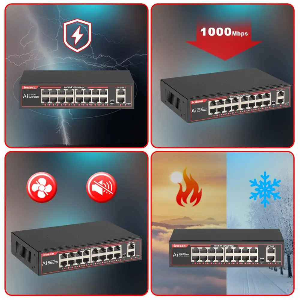 Poe Switch Ethernet com 16 Portas 100mbps Switch de Rede Ethernet Ieee 8023 af at para Câmera ip Cctv Sistema de Segurança - Imagem 3