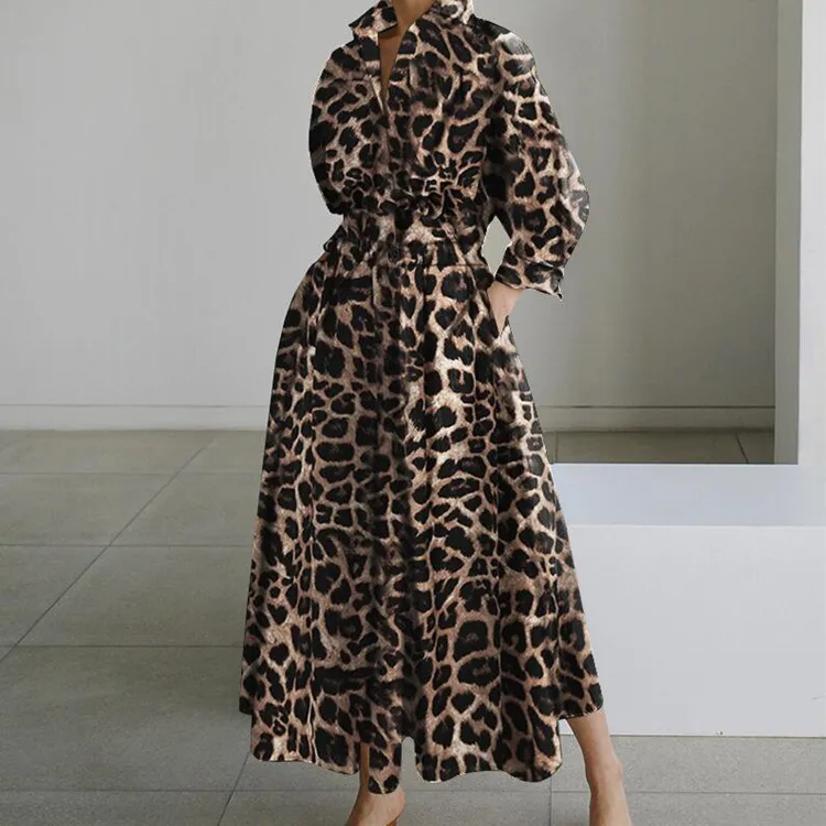 

Temperament Leopard Stand Collar Bubble Sleeve Dress Women's Fashion Loose Casual Office Lady Easy Shirt Dress