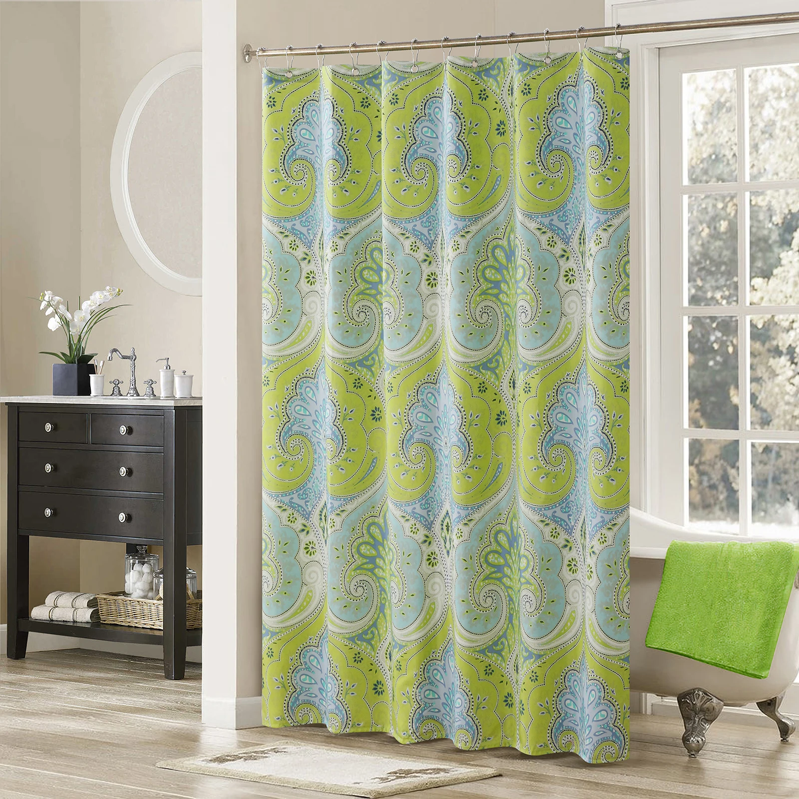 Jaipur Blue Paisley Polyester Waterproof Printed Bright Fabric Fresh Decoratived Modern Green Shower Curtain