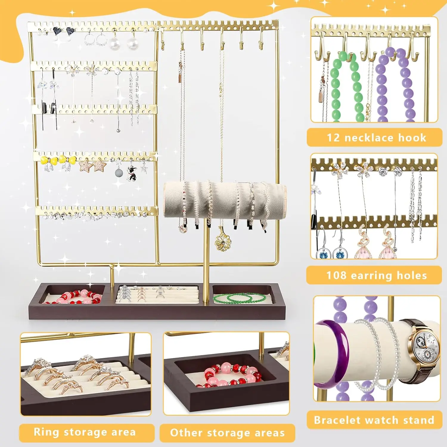 Jewelry Organizer Stand, Earring Holder Organizer with 108 Holes, Jewelry Stand with Bracelet Holder, Jewelry Holder
