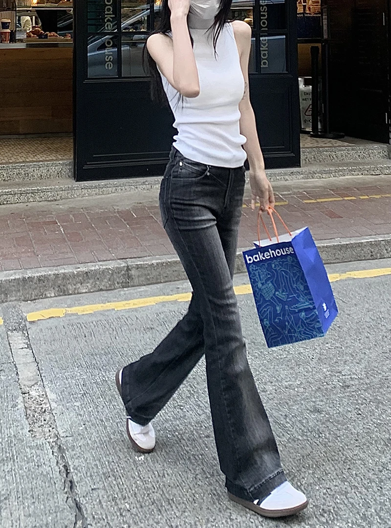 스트레치 그라데이션 컬러 플레어 청바지 여성용, 세련된 스트리트웨어 슬림 부츠 컷 청바지 레이디 스키니 하이 웨이스트 플레어 데님 팬츠