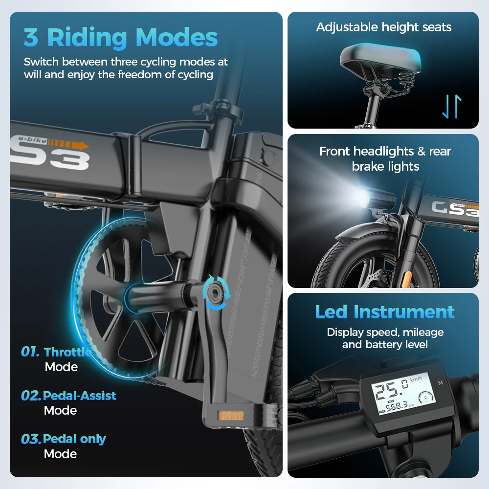 TOOFLY GS3 Bicicletta Elettrica Pieghevole 250W 48V15AH Viaggio Per Adulti Città Pendolari Bici Elettrica 14*2.125 Pollici Pneumatico Mini E-bike - immagine 5