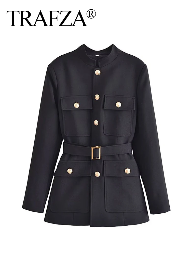 

TRAFZA Elegant Woman Commute Solid Pocket Jacket Outerwear Women O-Neck Long Sleeve Single-Breasted Belt Slim Blazers Coat