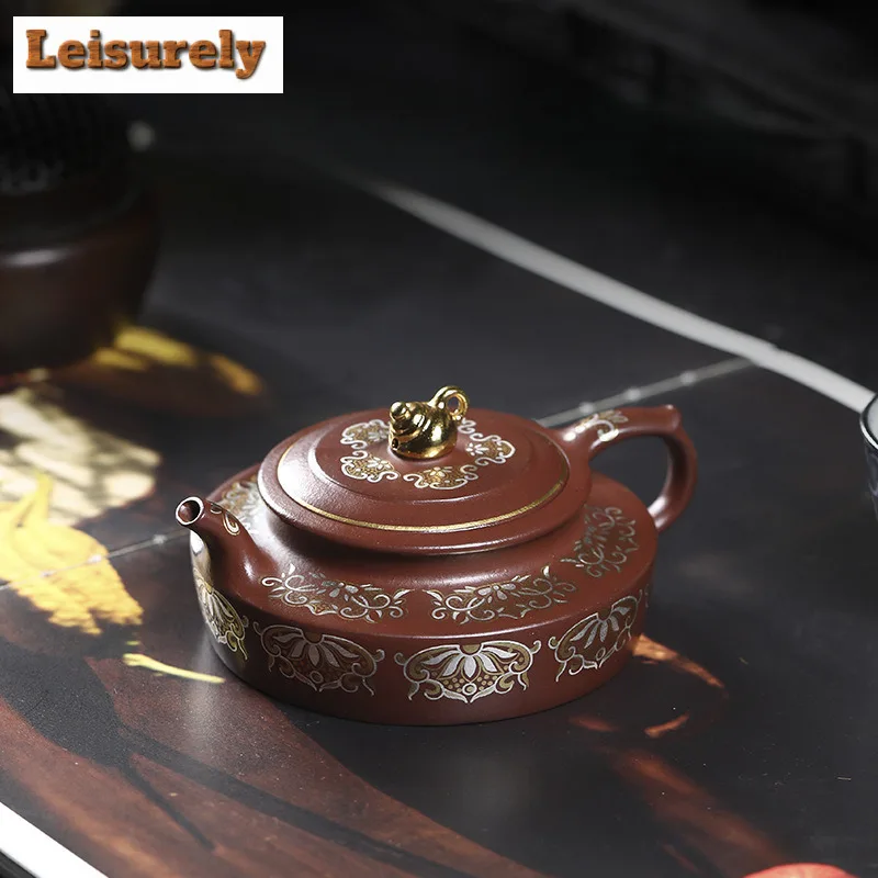 200ml Yixing Purple Clay Teapots Handmade Gold Drawing Huating Pot Raw Ore Red Leather Dragon Mud Kettle With Strainer Zisha Tea