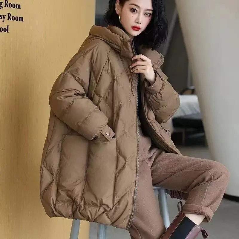 Fine White Duck Down Jacket Women's Mid-length Winter Thick Korean Version of Loose Warm Large Fur Collar Hooded Down Jacket