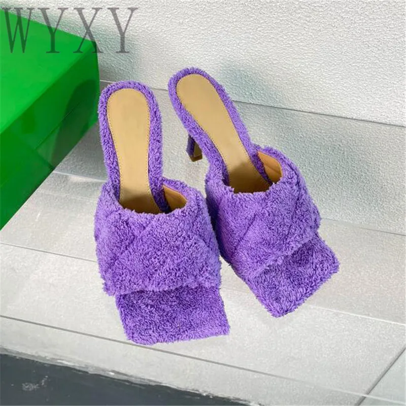 

Spring Autumn New Square Toe Open Toe Long Plush High Heel Slipper Woman Thin Heel Fashion Sexy Party Dress Shoes For Women 2023