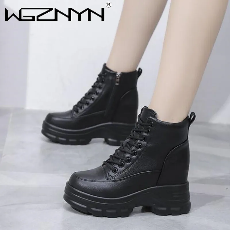 

Женские ботильоны на танкетке, мотоциклетные ботинки на высокой платформе, кожаные ботинки на толстой подошве для осени, 2024