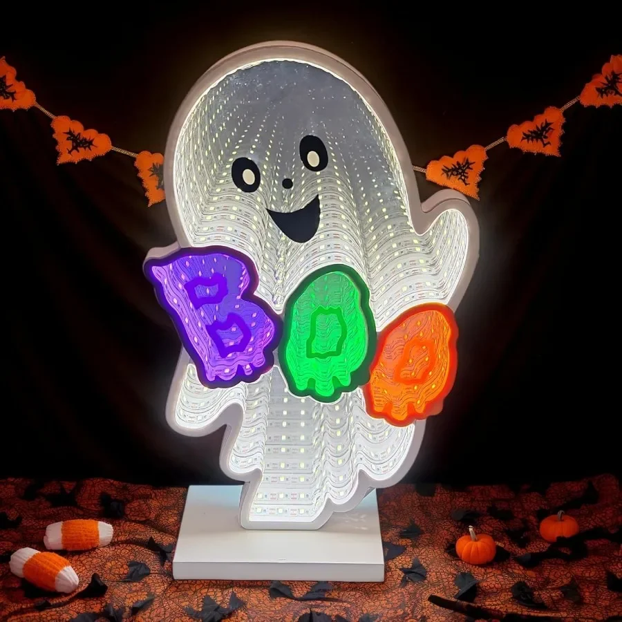 Halloween Neon Infinity Ghost Light 10.24 Inch 3D Ghost Table Decor with USB Power Perfect for Halloween Party Office Bedroom a