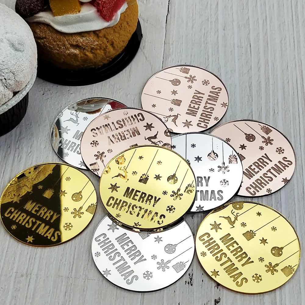 5pcs Merry Christmas Cake Topper Gold Silver Cake Decor Tools Snowflake Round Christmas Cake Decorations Xmas Party Supplies