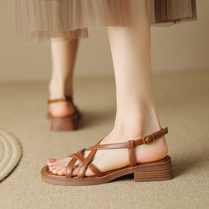 QUTAA Sexy Sandals Women Flats Heels Pumps Shoes Slingbacks Cow leather Summer Round Toe Party Wedding Shoe Office 34-43