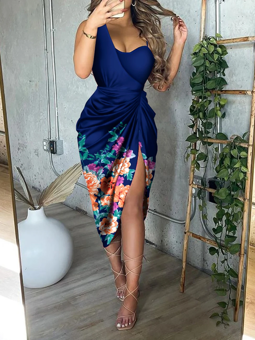 

Women Fashion Sexy Party Dress Ball Gown Formal Dress Floral Print High Slit Midi Satin Dress