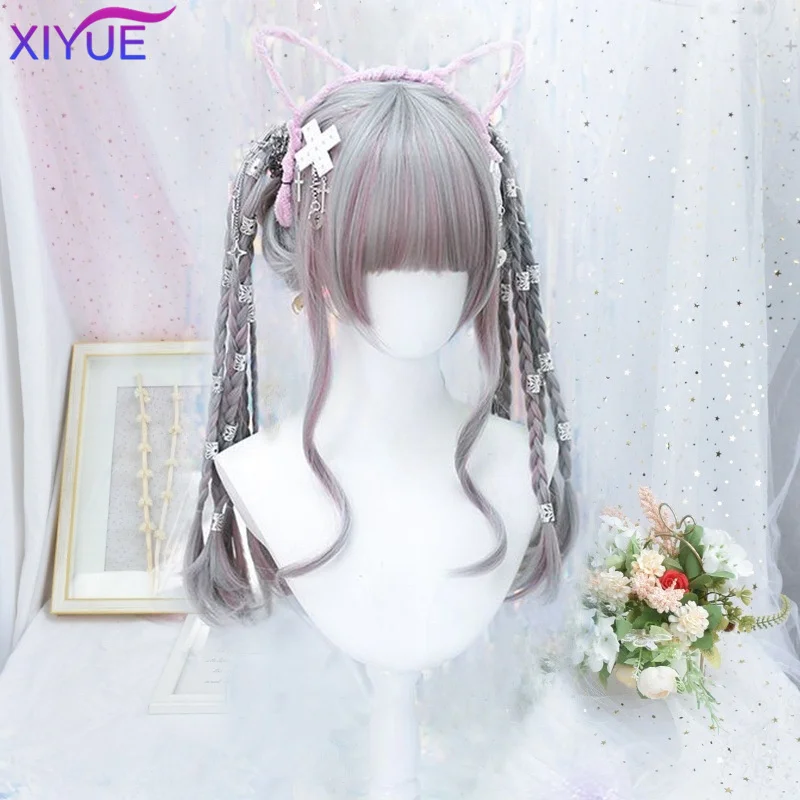 XIYUE Grey Highlights Pink Long Curly Synthetic Wig Female Punk Style Lolita Straight Bangs Long Curly Hair Cosplay Party Wig
