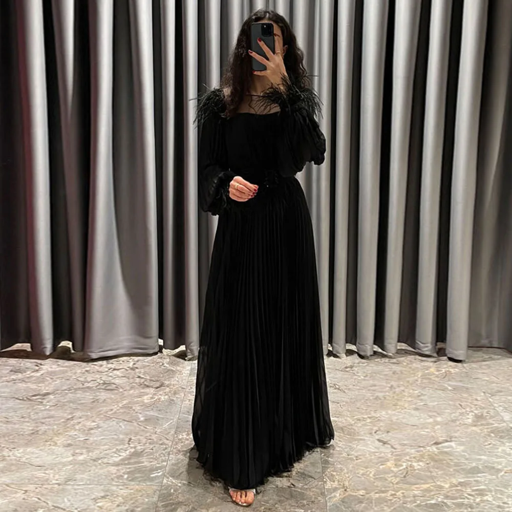 

Black Chiffon Party Dresses for Women 2023 Floor Length Feathers With Belt O Neck Formal Occasion Dresses Full Sleeve فساتين