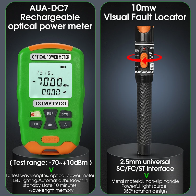 Fiber Optic Tool Kit with AUA-7S Fiber Cleaver -70~+10dBm/-50~+26dBm Rechargeable Mini Optical Power 10MW Visual Fault Locator