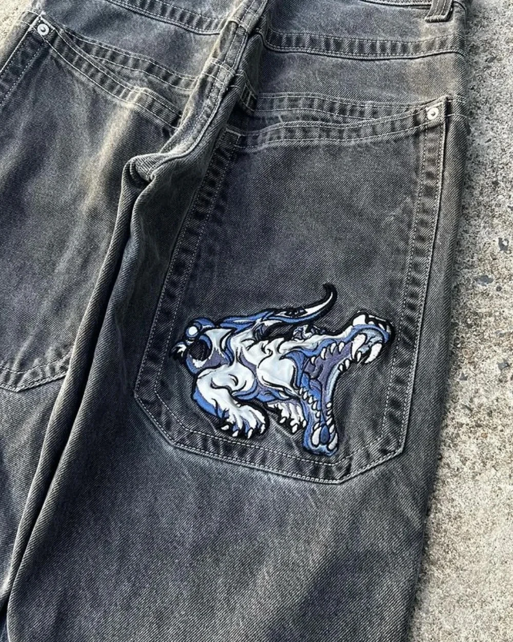 JNCO-Calça jeans retrô bordada Harajuku masculina, cintura alta, calças de perna larga, streetwear casual, estilo hip-hop, larga, Y2K, nova