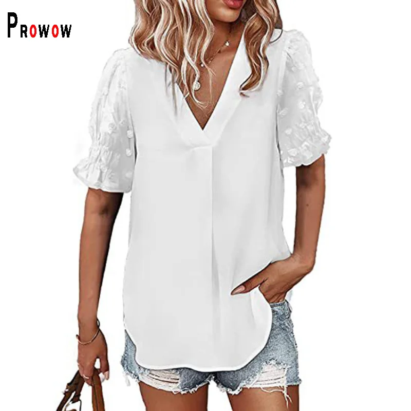 

Prowow 2023 New Casual Chiffon Women Blouses Shirts V-neck Slim Fit Summer Tops Clothes Flower Short Sleeve Pullovers Solid