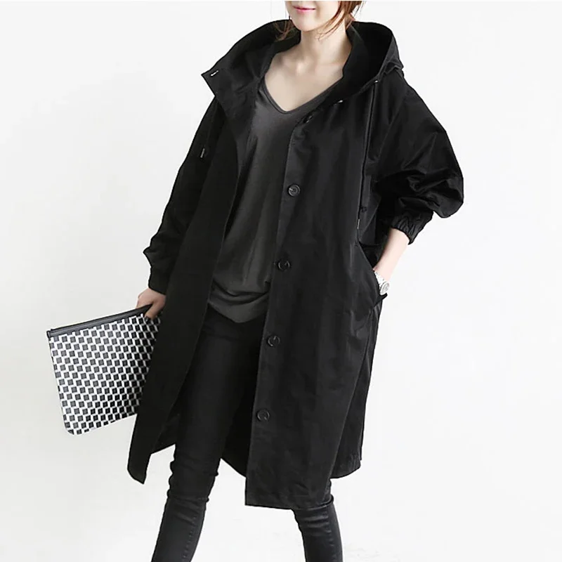 2 colors Trench Coat Women Casual Long Sleeve Hooded Medium Long Overcoat Female Plus Size Pocket Button Loose Windbreaker Coats foluxyandy women trench coat plus size coats elastic waist single button loose long trench outerwear kkfy5888