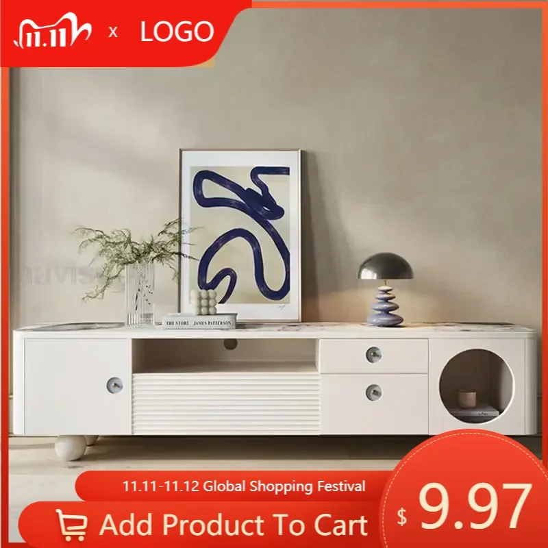 

White Television Cabinet For Living Room Rock Panel Countertop Gold Stainless Steel Ball Feet TV Stands With Solid Wood Drawers