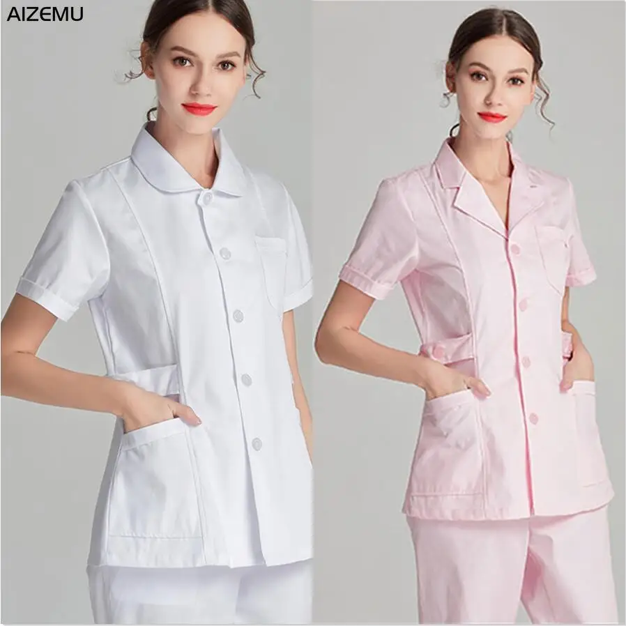 Women Nurse Uniforms Doctor Medical Beautician Lab Work Clothes Set Top & Pants 