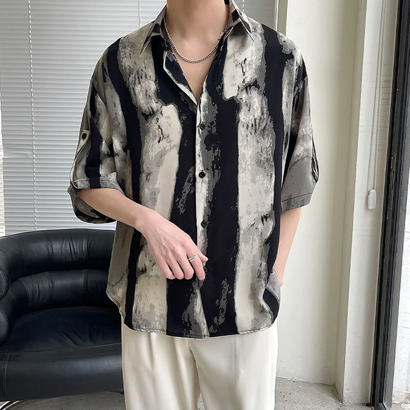 Men's Clothing Trend Korean Style Tie Dye Print Harajuku Streetwear Shirt Summer Casual Half Sleeve Loose Tops Y2K Chemise Homme