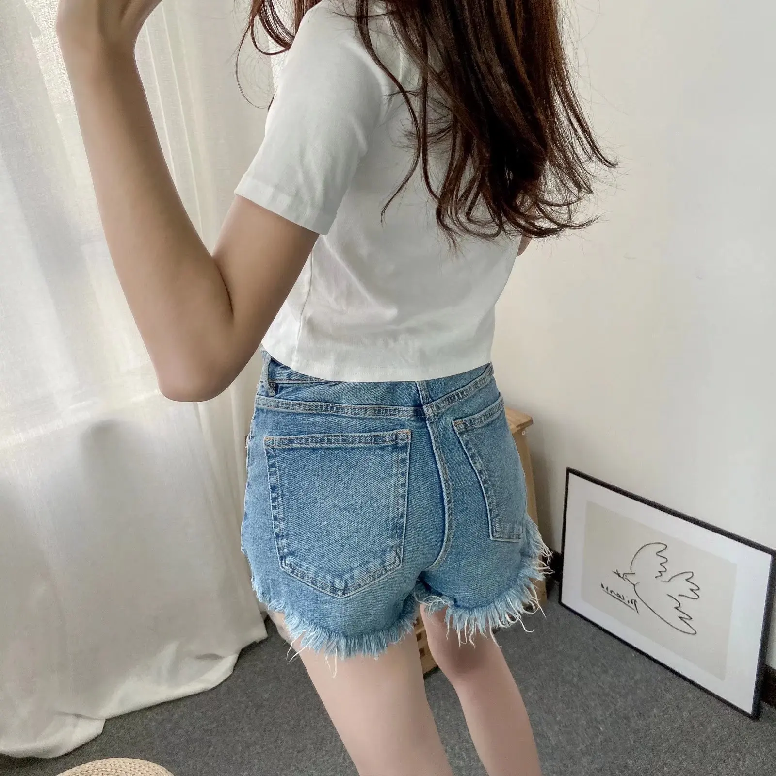 Dave&Di High Street Retro Washed Ripped Hole High Waist Shorts Solid Harem Denim Shorts Women 2022 Denim Bermuda Women bike shorts