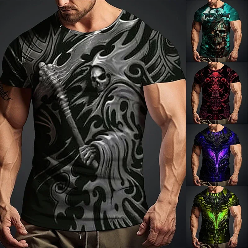

New Men's Retro Short Sleeve Street Y2K Style Printed Death Pattern Short Sleeve Breathable Refreshing Oversized Men's T-Shirt