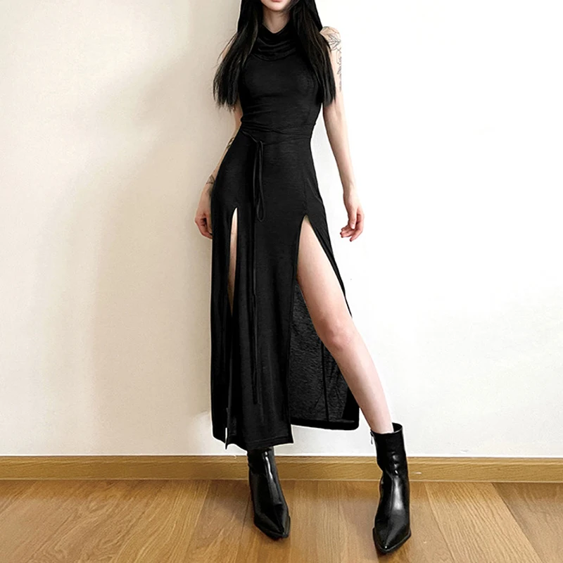 Goth Dark Cyber Gothic Desert Walker Hooded Dresses Y2k Punk Grunge Hollow Out Midi Dress Women Sexy Split Side Solid Streetwear 4