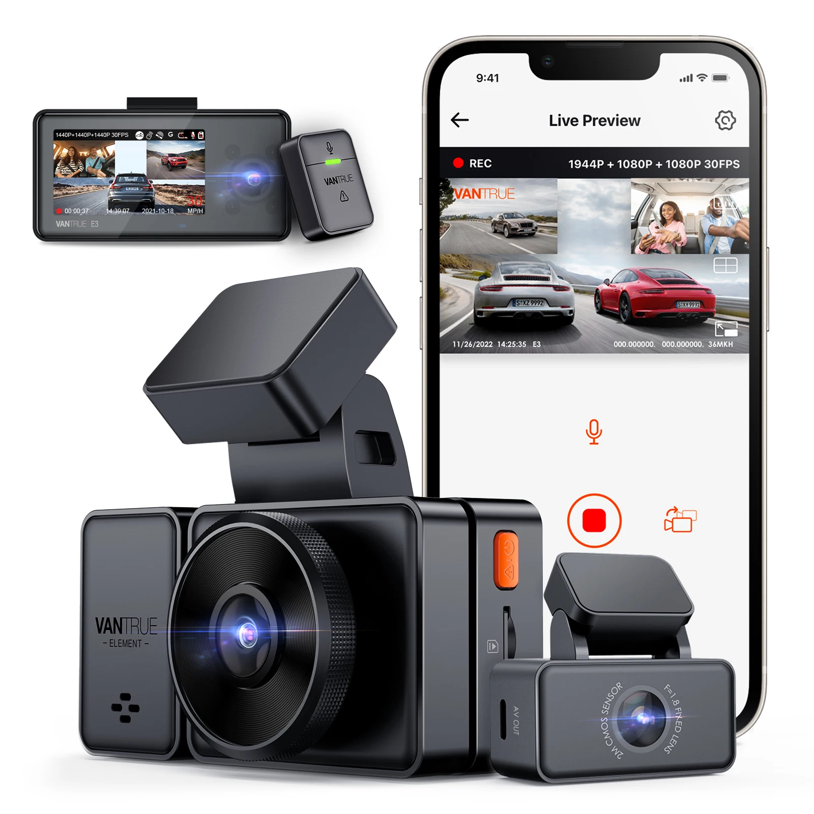 Vantrue E3 3 Channel Dash Cam 2.5K Front and Rear Inside Built-in WiFi GPS,Car Camera with Voice Control