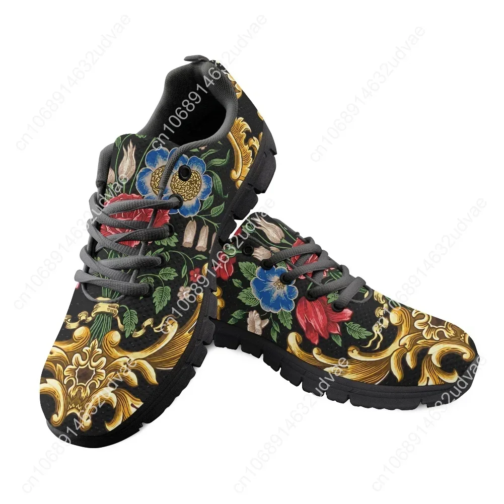 Women Golden Baroque Flowers Flat Shoes Lady Luxury Retro European Floral Sneakers Breathable Mesh Female Footwear