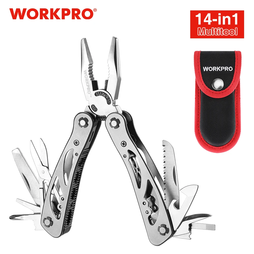  Мультитул WORKPRO 14 в 1, портативные плоскогубцы с нейлоновым чехлом, складной Клинок для кемпинга 