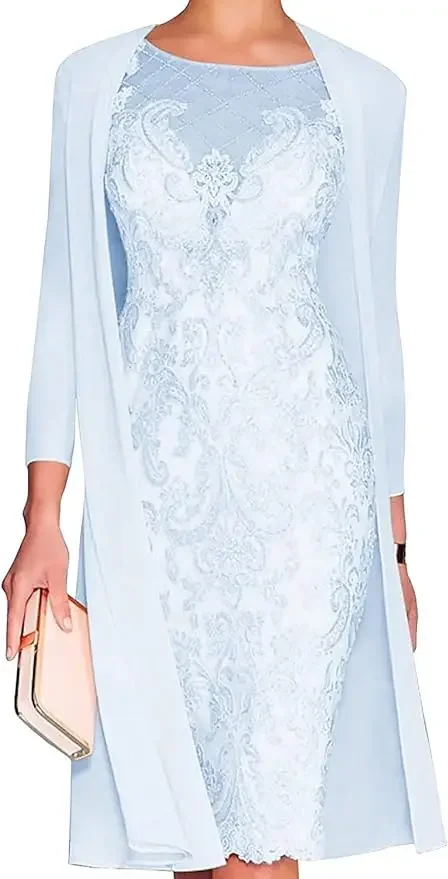 Mother of the Bride Dress Formal Wedding Jewel Neck Knee Length Chiffon Lace 3/4 Length Sleeve Beading Appliques