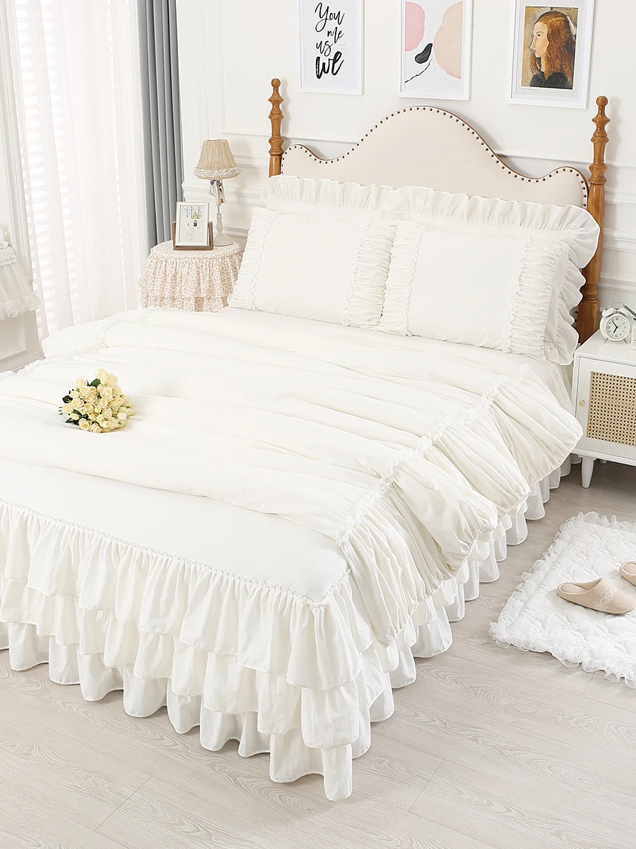 100% Premium Cotton Bedding Four Piece Set, Fairy Wind Lolita White Bed Skirt Bed Sheet Quilt Cover, Ruffle Edge Duvet Cover Set 5