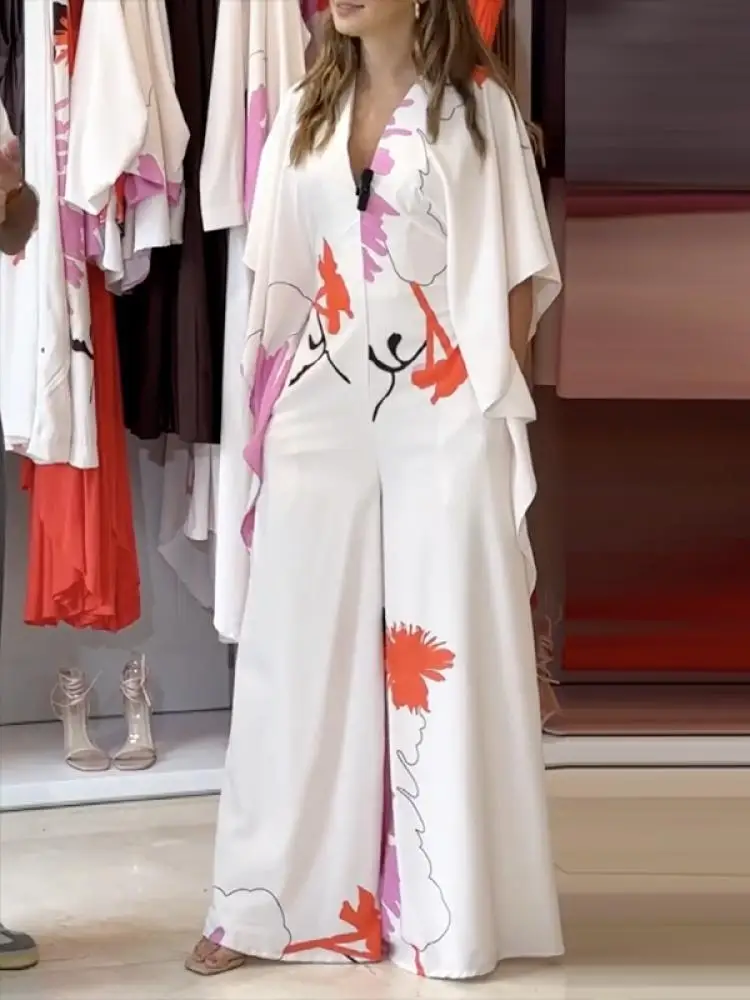 Bonboho Women's One-piece Suit 2024 Spring Fashion Printed Loose Fit Jumpsuit V-neck Wide Leg Pants High Waisted Overalls