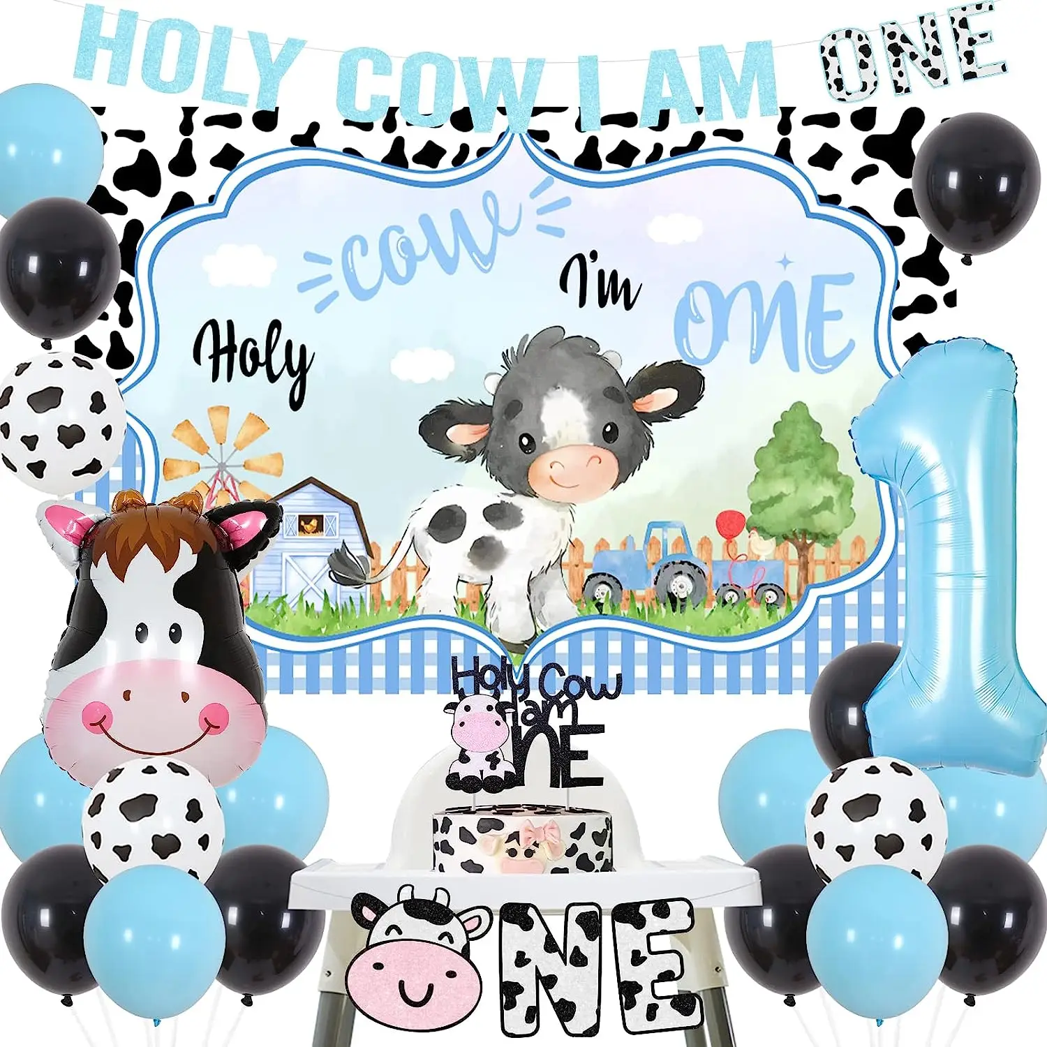 

Farm 1st Birthday Decoration Boy Holy Cow I'm One Balloon Garland Kit with Backdrop Highchair Banner for First Birthday Supplies