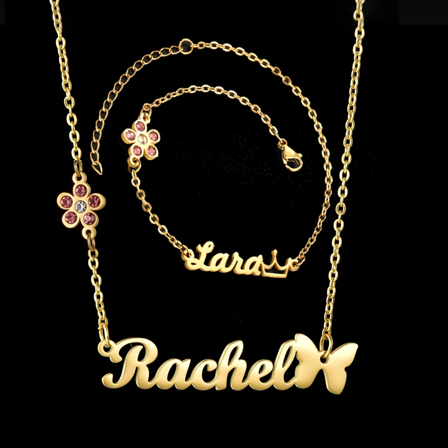 Acheerup Personalized Name Necklace Bracelet for Women Stainless Steel Custom Zircon Flower Crown Chain Pendant Jewelry Set Gift